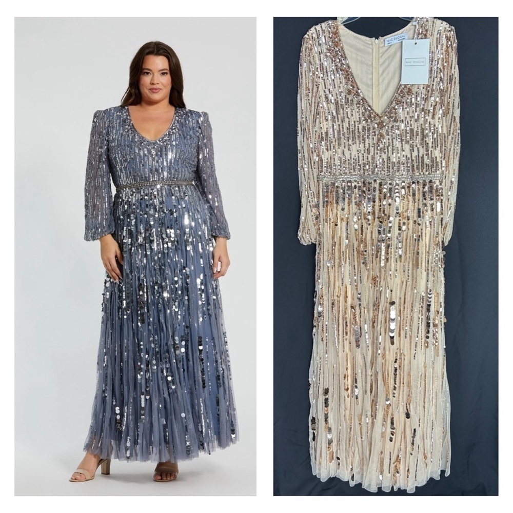 Mac Duggal 10019 NWT in 12W Long Sleeve Beaded Crystal V Neck Gown